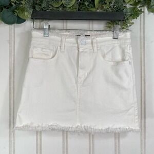 Express White Denim Mini Skirt Women's Size 0 Frayed Hem High Waist Cotton Blend